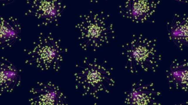Vibrant purple light particles explode into radial bursts on a deep navy background, creating an abstract futuristic motion backdrop for tech, music, and events