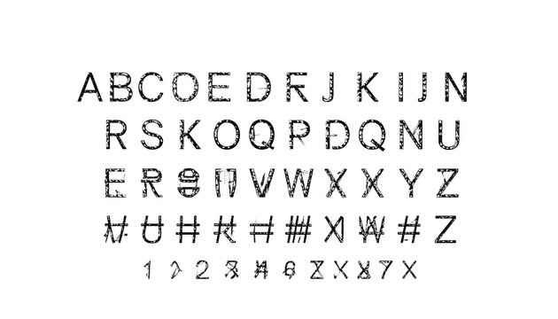 A typographic chart of Latin alphabet characters and numbers