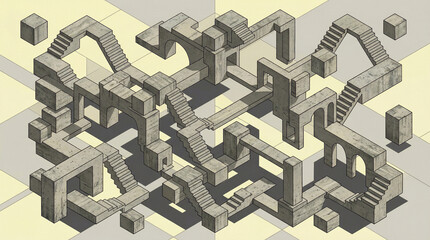 Fototapeta premium Abstract Isometric Impossible Concrete Structure Illustration