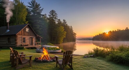 Obraz premium A serene lakeside scene with a cozy cabin, warm fire pit, and two chairs at sunset