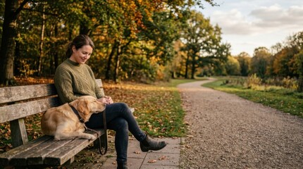 Fototapeta premium A woman sitting on a park bench with her beloved dog enjoying a beautiful day outdoors in a serene environment