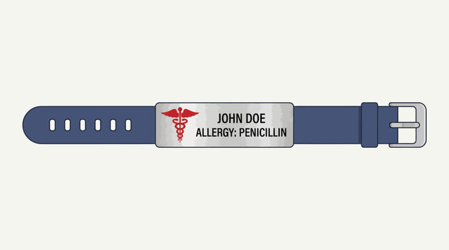 Detailed Vector Illustration of a Medical Alert Bracelet for Penicillin Allergy, Highlighting Essential Patient Safety Information and Emergency Identification