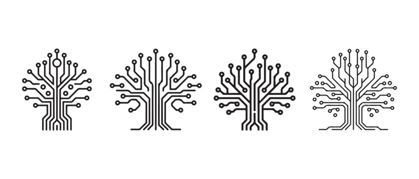 Set of Abstract Electronic Circuit Board Tree Icons. Representing Technology and Nature Integration.