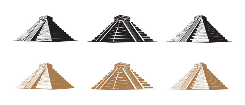 Mayan Pyramid Icons Set. or Logos Isolated on White Background in Minimalist Flat Graphic Style.