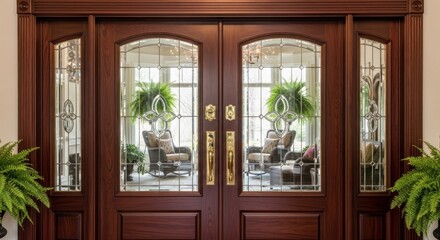 Fototapeta premium A wooden double-door entrance with stained glass panels and brass hardware, flanked by sidelights and potted plants