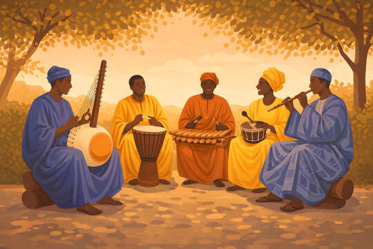 Flat vector illustration of a West African outdoor music gathering with musicians playing traditional instruments beneath a tree at sunset