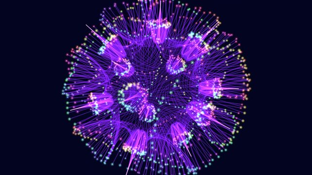 Futuristic abstract particle network forming a glowing spherical structure with purple filaments and colorful nodes on a dark background, ideal for technology and data visuals