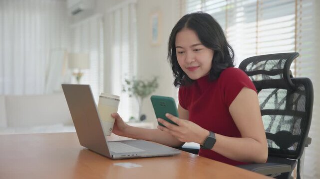 Young asian woman happy smile using search on phone Agent AI app retail shop store pay buy at home Modern Agentic bot order assisted people easy booking hotel ticket vacation smart life virtual wallet