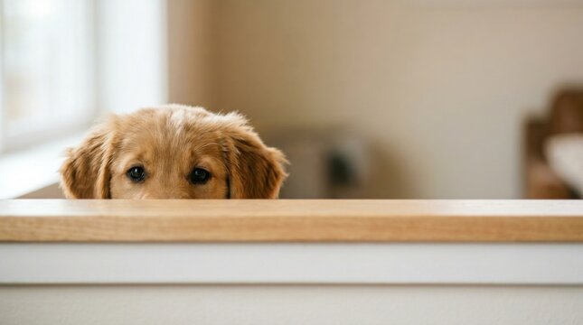 Cute dog peeking over a ledge with curious expression and bright eyes in a playful moment captured in time