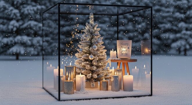 A serene winter scene featuring a snow-covered Christmas tree surrounded by candles and presents enclosed in a glass box