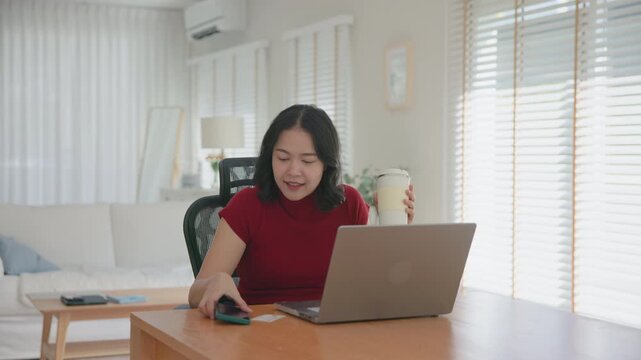 Young asian woman happy smile using search on phone Agent AI app retail shop store pay buy at home Modern Agentic bot order assisted people easy booking hotel ticket vacation smart life virtual wallet