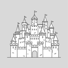 Obraz premium Medieval Stone Castle Tower Line Drawing.