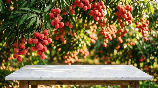 A wooden table with a marble top stands under a lychee tree with vibrant red fruit