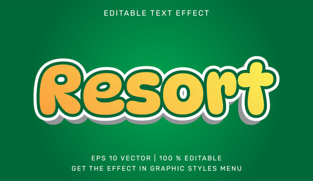 A vibrant graphic design featuring the word 'Resort' in a playful, editable text effect on a green background