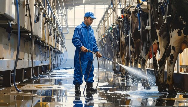 A man in blue protective clothing cleaning a cowshed