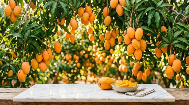 A bowl of fresh mango slices on a marble table in a lush mango orchard with ripe fruit hanging from trees