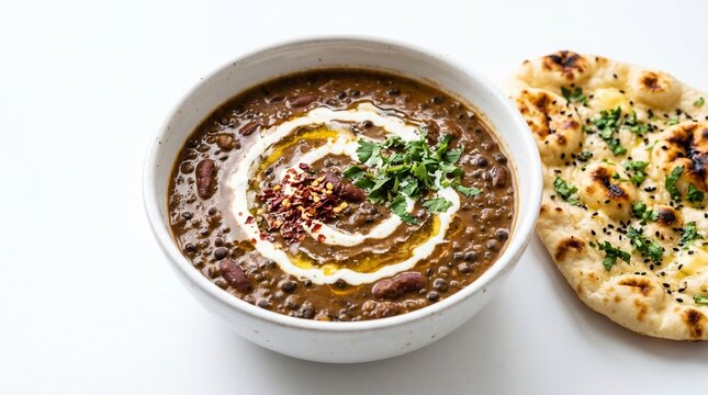 A bowl of dal makhani with naan bread on a white surface