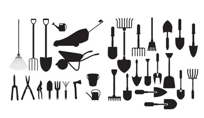 A collection of gardening tools and equipment in black silhouette on a white background © pixelzoo