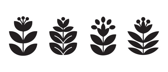 Set of Black Scandinavian Folk Art Floral Illustrations on White Background. © NadimStoker