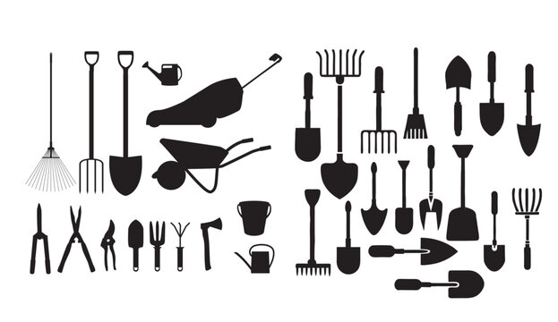 A collection of gardening tools and equipment in black silhouette on a white background