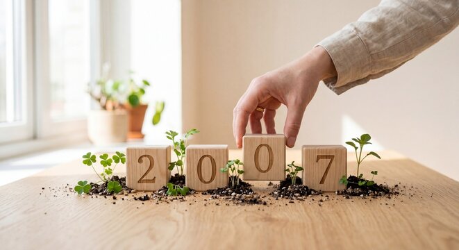 Business growth and financial history concept photo. Hand placing wooden blocks showing the year 2007 with small green seedlings growing in soil on a table.
