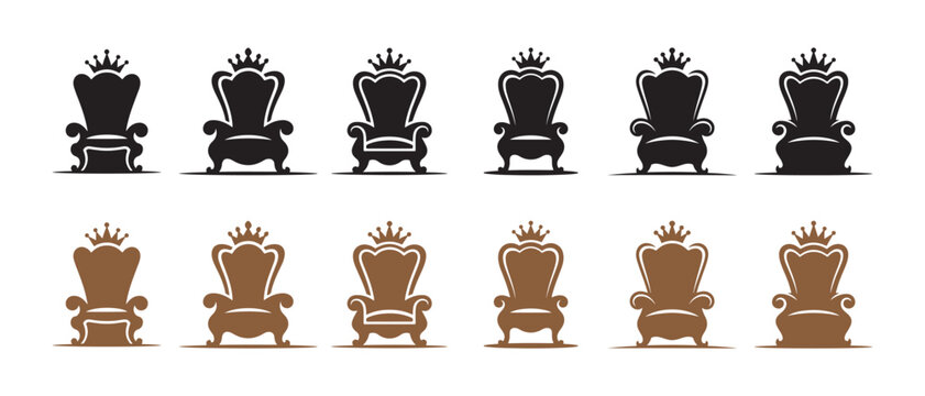 Collection of Regal Throne Icons. in Black and Brown with Crowns on White Background.