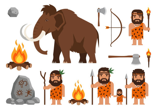 Stone Age Cartoon Vector Illustration Set Featuring Cavemen, Woolly Mammoth, Primitive Weapons, and Ancient Fire Elements Isolated on White