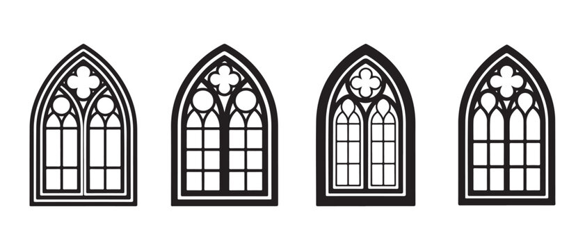 Gothic Window Silhouettes. Set of Architectural Designs with Tracery and Mullions.