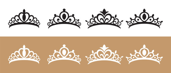 Fototapeta premium Collection of ornate tiara and crown vector icons. on white and gold background.