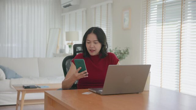 Young asian woman happy smile using search on phone Agent AI app retail shop store pay buy at home Modern Agentic bot order assisted people easy booking hotel ticket vacation smart life virtual wallet