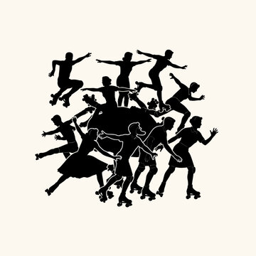 Silhouette Group Roller Skaters in Action.