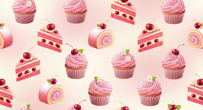 A digital illustration of pink frosted cupcakes and layered cake slices with cherries on top arranged on a soft pink background