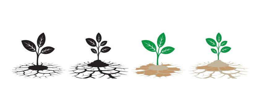Plant growth icons set. seed sprout in dry cracked earth to healthy sapling in soil.