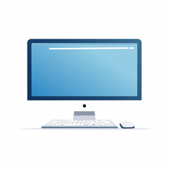 Fototapeta premium Flat design illustration of a computer monitor with a keyboard and mouse on a plain white background.