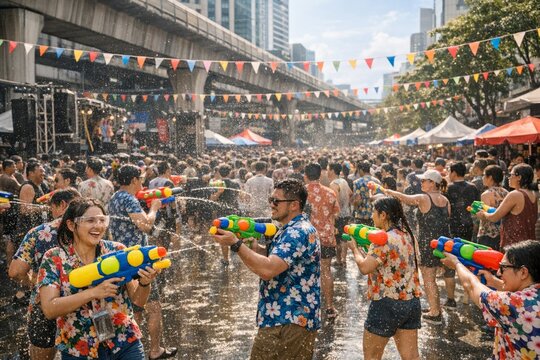 Vibrant Songkran Festival in Bangkok with people splashing water using guns, wearing floral shirts under the city sky. A joyful Thai New Year event.