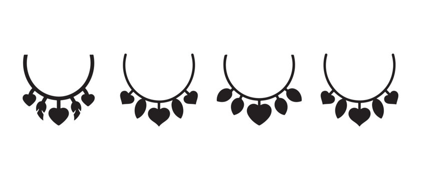 Minimalist black outlines of hoop earrings with dangling heart and leaf charms, isolated on white background.