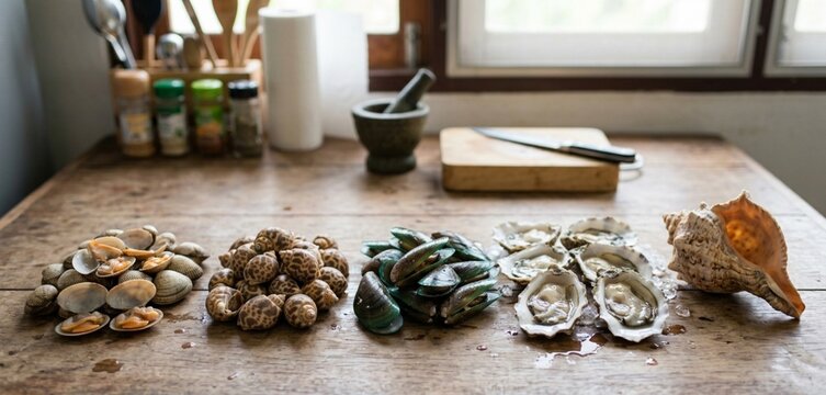 Fresh assortment of mussels, oysters, and sea snails arranged on a kitchen table. High-quality raw seafood ingredients ready for a gourmet feast.