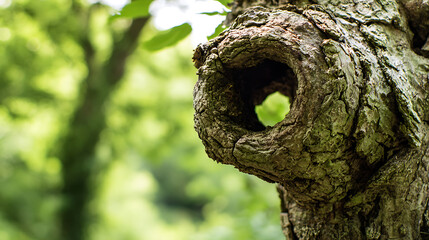 Obraz premium Tree trunk with hollow knot in forest symbolizing freedom, adventure, and exploration