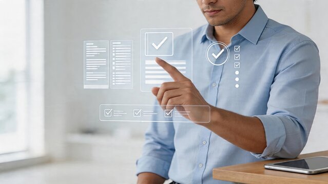 Businessman interacting with digital checklist interface futuristic office technology selecting options on holographic screen modern work environment hightech workflow management