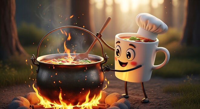 A whimsical anthropomorphic mug character, wearing a chef's hat, stirring a pot of soup over a campfire in a forest