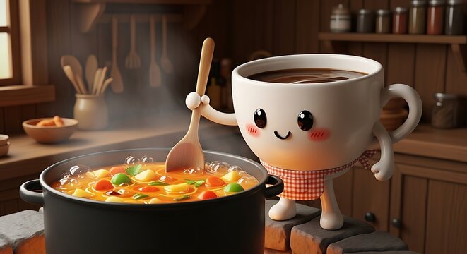 A whimsical anthropomorphic coffee cup, stirring a pot of soup in a rustic kitchen setting, exuding warmth and culinary cheerfulness