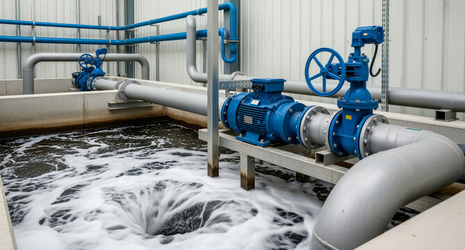 Blue industrial water pumps and piping over an aeration tank. Modern wastewater treatment equipment processing liquid. Clean water management and infrastructure concept, ideal for utility marketing.