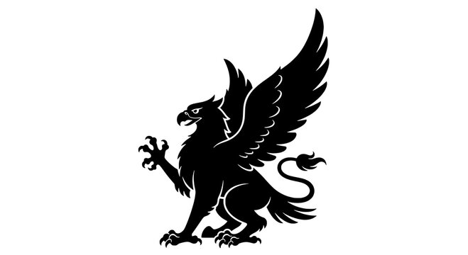 Griffin heraldic silhouette emblem with raised claw and spread wings, monochrome vector icon featuring