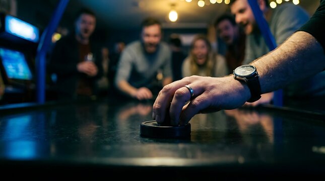 Friends playing air hockey in a dimly lit arcade bar having fun.