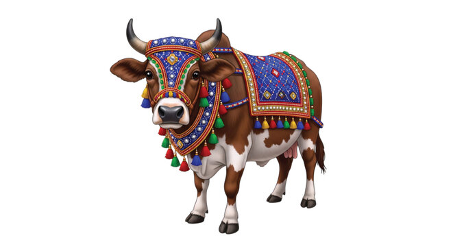 Vibrantly adorned Indian zebu cow illustration, symbolizing cultural richness and traditional celebrations, perfect for festive designs and traditional events
