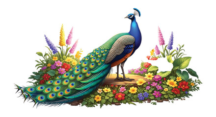 Fototapeta premium A majestic peacock stands proudly amidst a vibrant garden filled with a kaleidoscope of colorful flowers and lush green foliage, showcasing its stunning plumage