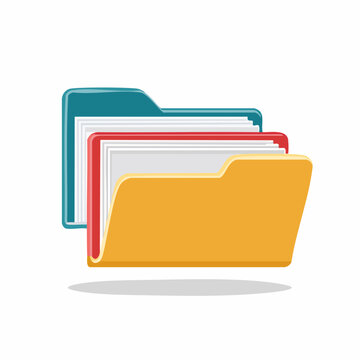 Colorful illustration of three file folders in yellow, red, and teal, stacked on top of each other against a white background.
