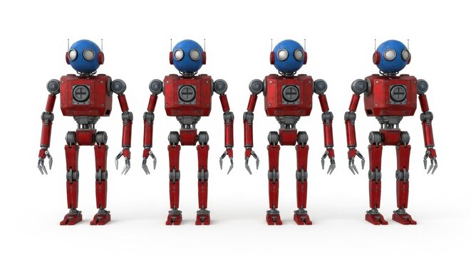 Four red robots standing in a row with blue heads