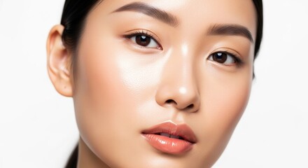 Fototapeta premium Close-up portrait of a woman's face with smooth skin, brown eyes, and pink lips