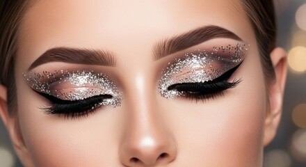 Fototapeta premium A close-up of a woman's face with sparkly eyeshadow and long eyelashes